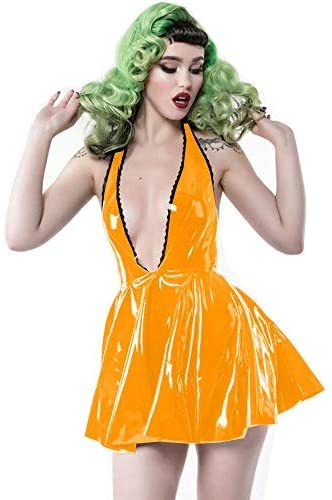 10 Colors Backless Mini Skater Dress PVC Deep V-Neck Pleated Dress