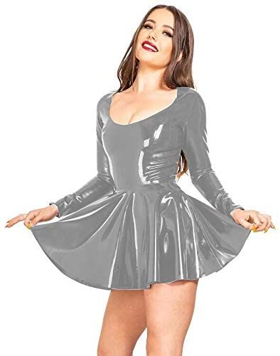 Plus Size Low Cut A-line Pleated Dress PVC Long Sleeve Mini Dress