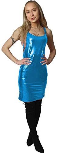 Plus Size Stretch Shiny Dress Lady Tank Dress Sexy Low Cut Vestido