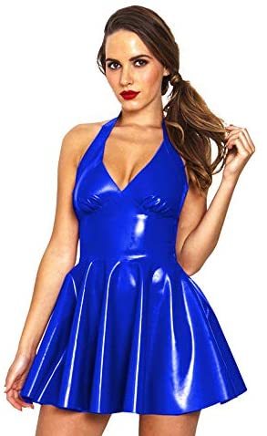 A-line PVC Dress Women Halter Mini Dress V-Neck Sleeveless Dress