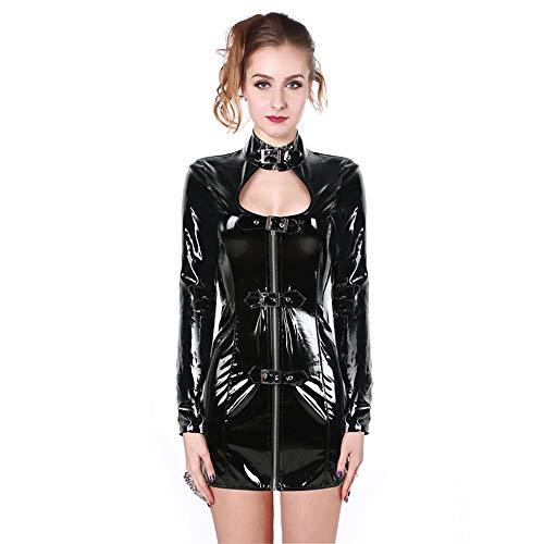 Choker Neck Nightclub Mini Dress Women PVC Slim Dress Belts Catsuit