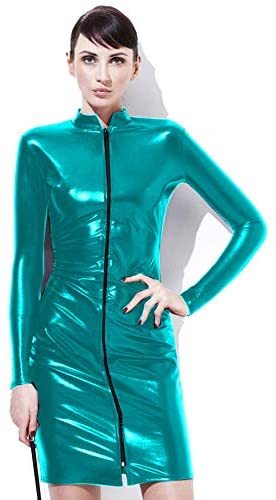 Zipper Long Sleeve Dress Women Bodycon Clubwear Wetlook Mini Dress
