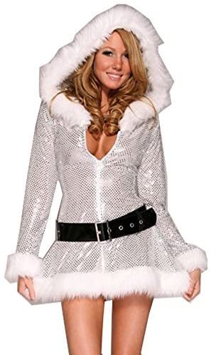 Women's Silver Miss Santa Cosplay Fancy Christmas Hooded Costume Dress