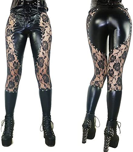 Gothic Women's Leggings Black Floral Lace Rivet Splicing Pants Punk Clubwear