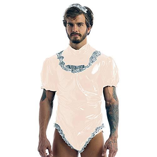 FASHION QUEEN 21 Color Sexy Men Maid Cosplay Costume Wetlook Puff Sleeve  High Cut PVC Bodysuit