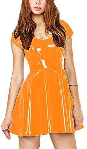 Plus Size Pleated A-line Dress Short Sleeve Fashion PVC Mini Dress