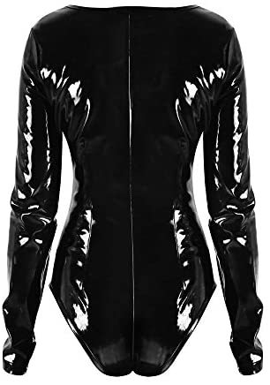 Black Women's Shiny PVC Sexy Bodysuit Long Sleeve Jumpsuit Pole Dance Catsuit