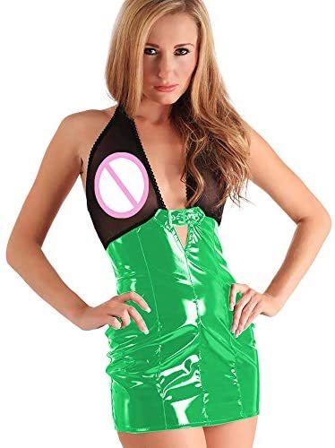 Plus Size Halter Sheer Mesh PVC Mini Dress Lady See Through Dress
