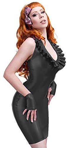 Plus Size Ruffle Neck PVC Mini Dress Ladies Backless Dress +Gloves