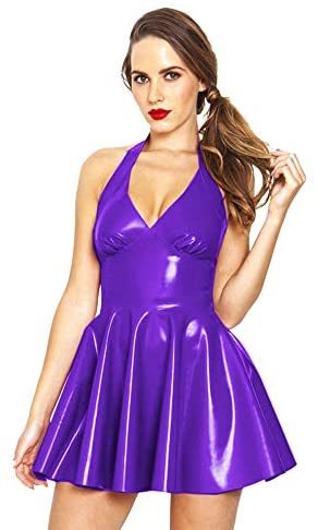 A-line PVC Dress Women Halter Mini Dress V-Neck Sleeveless Dress