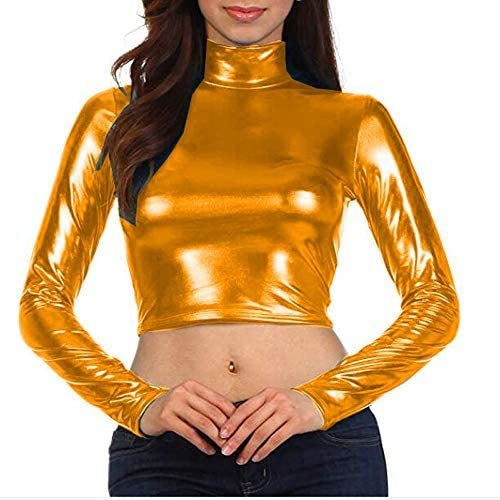 Long Sleeve Metallic Crop Top Sexy Faux Leather Ladies Mini T-Shirt