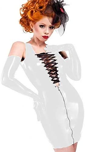 Sleeveless Dress with Gloves Lady PVC Lace Up V-Neck Zip Mini Dress