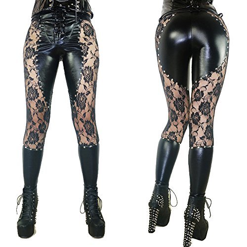 Gothic Women's Leggings Black Floral Lace Rivet Splicing Pants Punk Clubwear