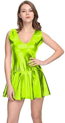 18 Colors V-Neck Sleeveless A-line Mini Dress Shiny Pleated Dress