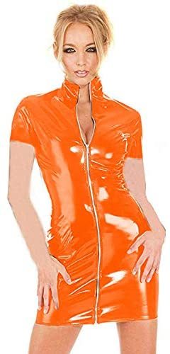 Plus Size Short Sleeves Vestido Zipper Stand Collar PVC Mini Dress