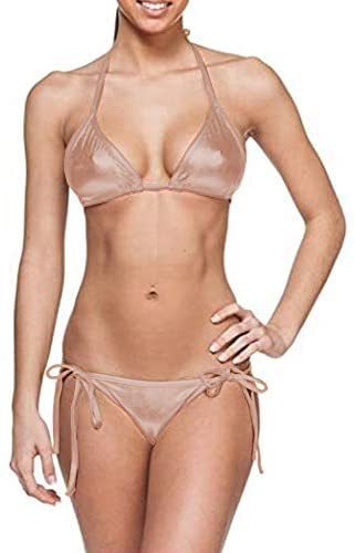 Plus Size Shiny Bikini Set Simple Halter Swimsuit Lace Up Swimwear