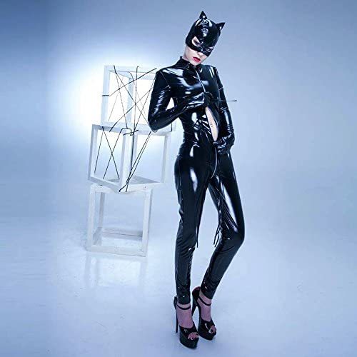Black Red Mask Catsuit Women's Bodysuit PVC Jumpsuit Catwoman Cosplay Costume