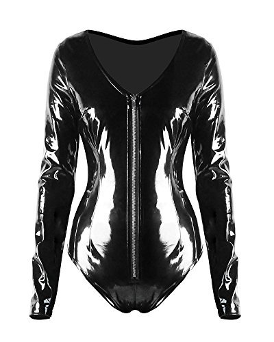 Black Women's Shiny PVC Sexy Bodysuit Long Sleeve Jumpsuit Pole Dance Catsuit