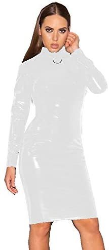 Plus Size Metal Ring Decor Neck Dress Lady Long Sleeve PVC Clubwear