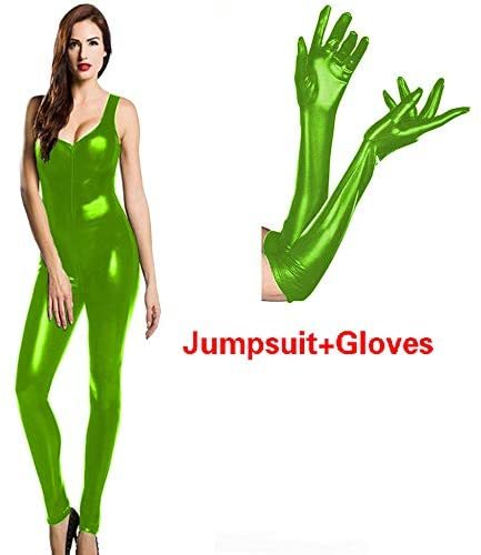 16 Colors Zip to Crotch Catsuit Low Cut Jumpsuit with Shiny Gloves