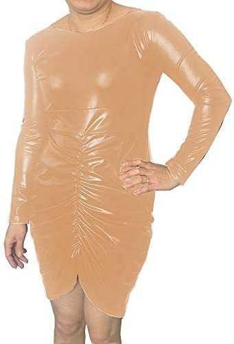 6XL Ruched Faux Leather Women Mini Dress Zipper Back Wrinkle Dress