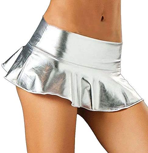 Sexy Metallic Skater Skirt Lady Low Waist Pleated A-Line Mini Skirt