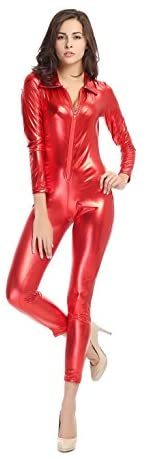 Black/Red Metallic Catsuit Zip Front Catwoman Bodysuit Wetlook Jumpsuit