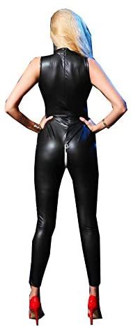 Women Sexy Zipper Detail Jumpsuit Wet Look Sleeveless Catsuit Open Crotch Bust