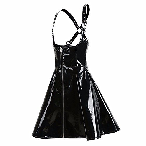 Women Shiny PVC Strap Dress Sexy Black Underbust Clubwear A Shape Mini Dress