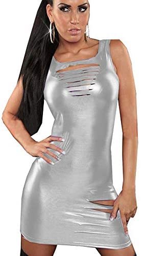 Women Sleeveless Tank Mini Dress Metallic Ripped Nightclub Dress