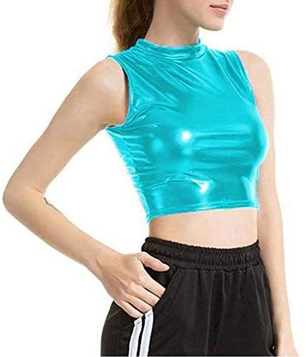 Plus Size O-Neck Slim Tops Lady Shiny Tank Tops Dancing Crop Tops