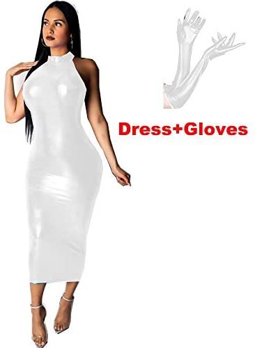 Plus Size Shiny Long Dress Sexy Lady Sleeveless Pencil Dress+Gloves