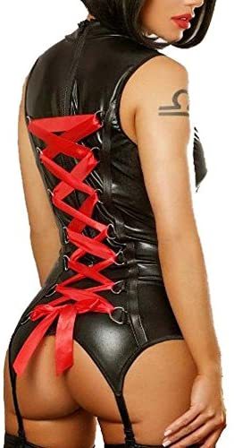 Sleeveless Bodysuit Women's Sexy Red Lace-up Teddy Lingerie With Garter