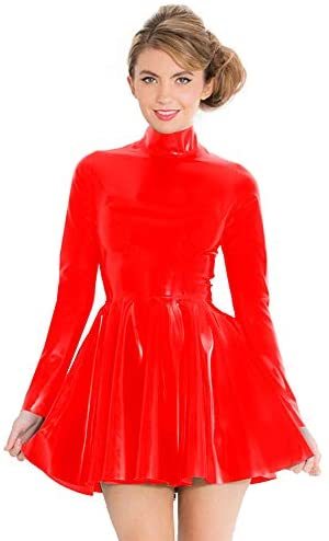 PVC High Neck Long Sleeve Zip Mini Dress Lady Bodycon Skater Dress