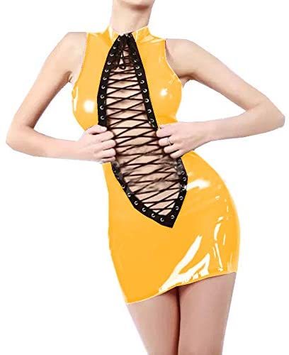 12 Colors O-Neck Lace Up Tank Dress Ladies Wetlook PVC Mini Dress