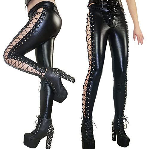 Women's Punk Rock Leggings Gothic Lace-up Bandage Black Sexy Slim Pants