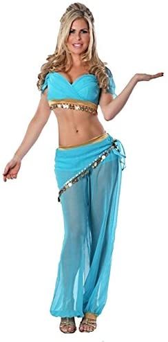 Fashion Queen Sexy Belly Dance Costume Set Blue Transparent Halloween Cosplay  Indian Princess Dress