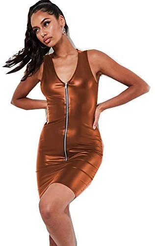 19 Colors Sleeveless Faux Leather Dress Women Sexy Deep V-Neck Zipper Mini Dress