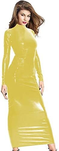 Faux Leather Bodycon Long Dress Women Long Sleeve Stretch Clubwear