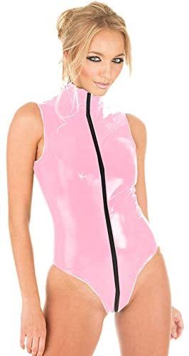 Plus Size Candy Color PVC Bodysuit Open Crotch Lady Sleeveless High Cut Catsuit