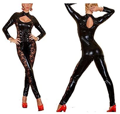 Women Sexy Floral Lace Catsuit Hollow Out Jumpsuit Black Catwoman Cosplay Costume