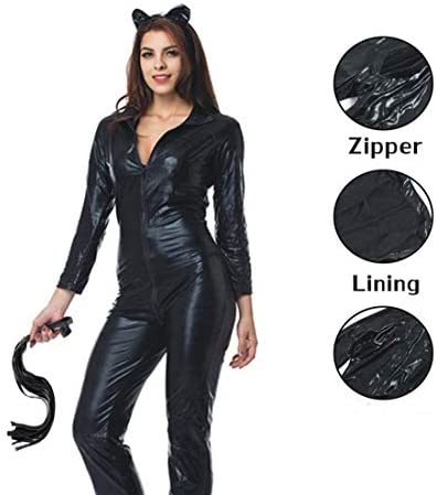 Women Sexy Black Red Catwomen Outfit Costume Leather Catsuit Zipper Crotch Halloween Costume Plus Size