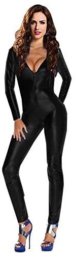 Women Sexy Deep V-Neck Jumpsuit Faux Leather Zip Catwoman Catsuit