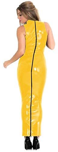 Turtleneck Sleeveless PVC Dress Women Sexy Zipper Back Long Dress