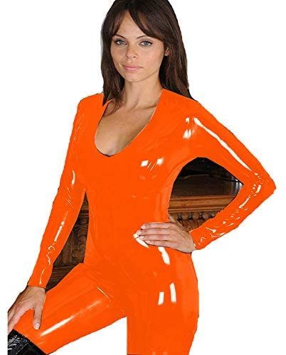 Deep V-Neck Long Sleeve Catsuit Women Glossy PVC Novelty Jumpsuit