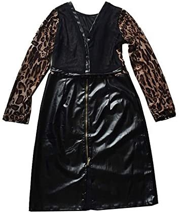 Women Sexy Faux Leather Dress Long Sleeve Leopard Print Bodycon Transparent Clubwear