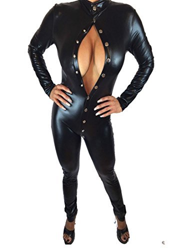 Sexy Black Bodysuit Long Sleeve Button Jumpsuit Catwoman Erotic Catsuit
