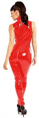 Black Red Women's Sexy Shiny PVC Catsuit Sleeveless Zip to Crotch Jumpsuit Clubwear