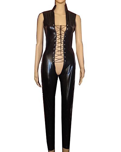 Women's Sexy Wet Look Lace up Catsuit Open Crotch