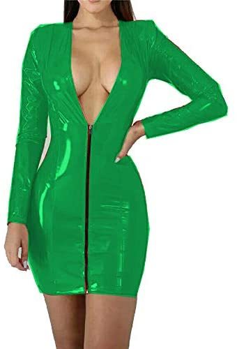 12 Colors PVC Long Sleeve Dress Bodycon Deep V-Neck Zip Mini Dress